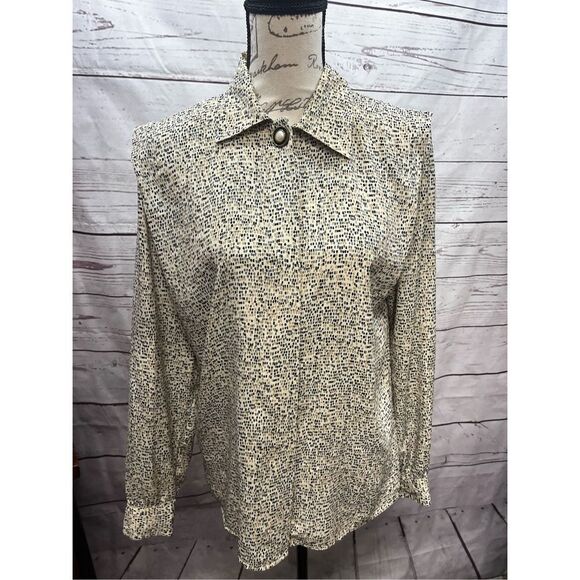 Vintage Long Sleeve Button Up Blouse Top Abstract Print Neutral Career - Picture 1 of 5